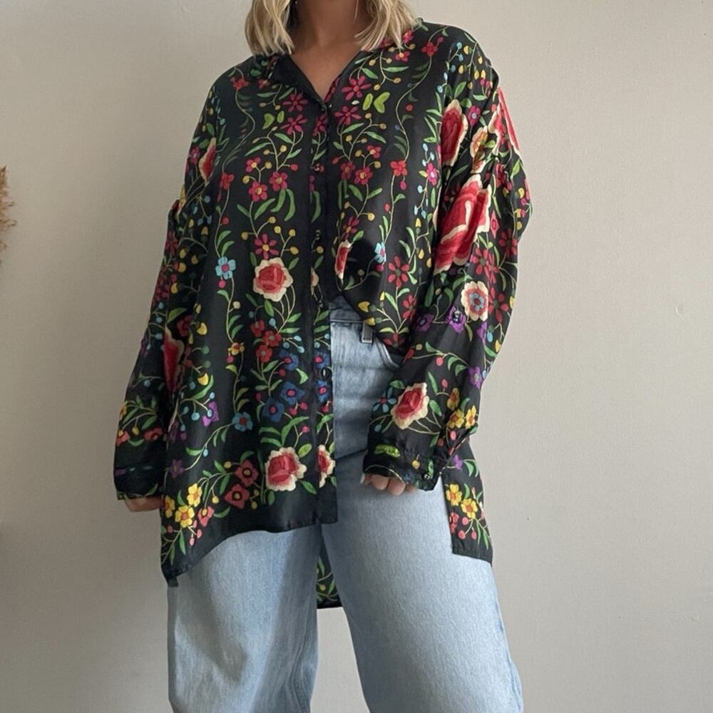 Johnny Was Black Floral Button-Down Blouse with printed pattern